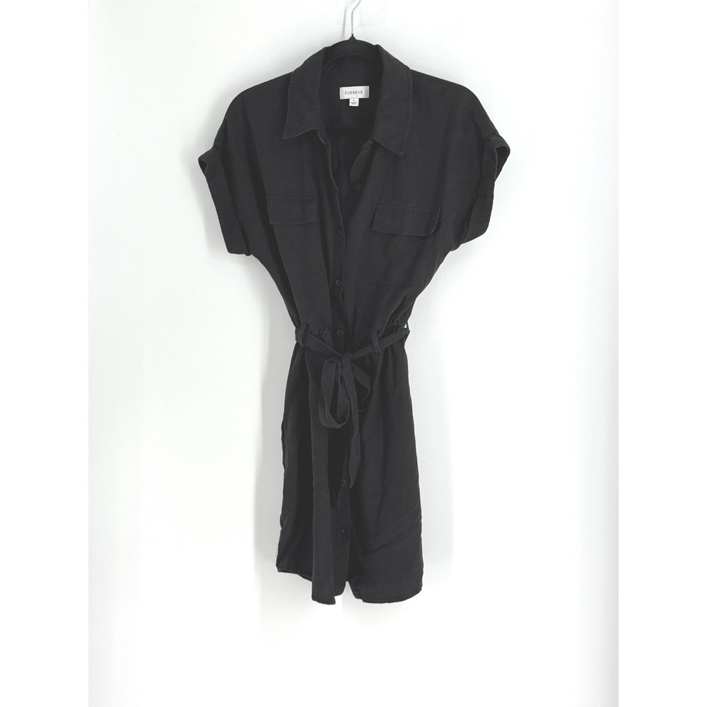 Evereve Preppy Shirt Dress Black Short Slv Tie sz‎ S Capsule Tailored Summer